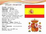 Общие сведения. Испания, официально — Короле́вство Испания Территория - 504 750 кв.км. Население - 39,6 млн. человек. Национальный состав: испанцы, каталонцы, галисийцы, баски. Языки: испанский (официальный язык - 74% населения), каталонский (17%), галисийский 7%), баскский (2%). Религия - 99% катол
