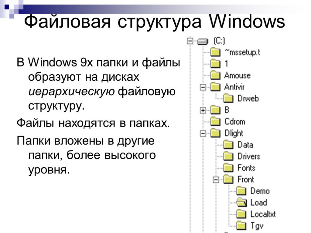 Файловые системы ос windows. В операционной системе Windows файловая структура. Система Windows файлы и файловые структуры. Структура папок и файлов. Структура папок виндовс.