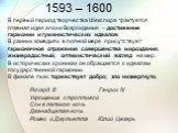 1593 – 1600. В первый период творчества Шекспира трактуется главная идея эпохи Возрождения – достижение гармонии и гуманистических идеалов. В ранних комедиях в полной мере присутствует гармоничное отражение совершенства мироздания, жизнерадостный, оптимистический взгляд на мир. В исторических хроник