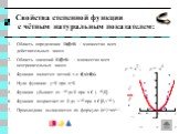 Свойства степенной функции с чётным натуральным показателем: Область определения D(f)=R - множество всех действительных чисел. Область значений E(f)=R+ - множество всех неотрицательных чисел. Функция является четной т.е. f(-x)=f(x). Нули функции: y=0 при x=0. Функция убывает от - до 0 при х € (- ,0]