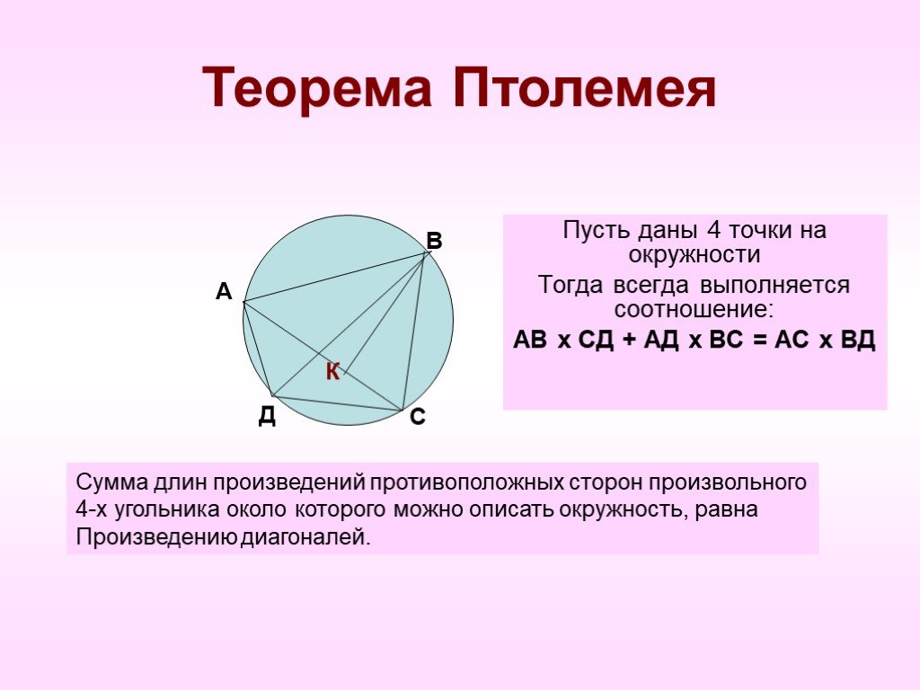 4 точки на окружности. Формула Птолемея. Теорема Птолемея для четырехугольника вписанного в окружность. Доказание теоремы Птолемея. Теорема Птолемея доказательство.