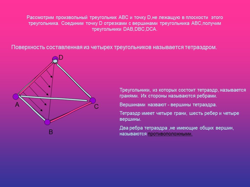 Вершины треугольника лежат на трех параллельных. Тетраэдр. Плоскость треугольника. Тетраэдр и параллелепипед. Произвольный треугольник АВС.