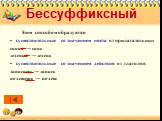 Бессуффиксный. Этим способом образуются существительные со значением цвета от прилагательных синий → синь зеленый → зелень существительные со значением действия от глаголов записать → запись полететь → полёт