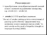Реконверсия -. приобретение словообразовательной основой нового значения под влиянием конверсива, e.g. smoke (n) — smoke (v). smoke (n) 1715 приобрело значение 'the act of smoke coming out into a room instead of passing up the chimney' (задымление) под влиянием нового значения глагола smoke 'to emit