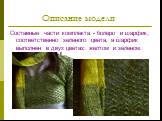 Описание модели. Составные части комплекта - болеро и шарфик, соответственно зеленого цвета, а шарфик выполнен в двух цветах: желтом и зеленом.