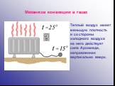 Механизм конвекции в газах. Теплый воздух имеет меньшую плотность и со стороны холодного воздуха на него действует сила Архимеда, направленная вертикально вверх.