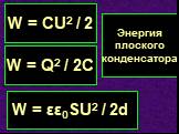 W = CU2 / 2 W = Q2 / 2C W = εε0SU2 / 2d. Энергия плоского конденсатора