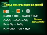 NaOH + HCl → NaOH + H2O CaCO3 → CaO + CO2 Fe + Cl2 → FeCl3 H2 + CuO → Cu + H2O. → +. Реакция разложения