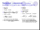 Бинарные соединения – сложные вещества, состоящие из двух химических элементов. NaCl Хлорид натрия Na0+Cl0=Na+Cl‾ Связь ионная +11Na )2)8)1 Атом натрия передал свой внешний электрон атому хлора и превратился с зарядом +1, а атом хлора принял электрон и превратился в ион с зарядом -1. HCl Хлороводоро