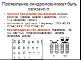 Проявление синдромов может быть связано с: полной трисомией/моносомией во всех клетках. Пример записи кариотипа: 47,ХY, +13 (синдром Патау); мозаичной формой. Например, 50% 46,ХХ: 25%47,ХХХ 25%:25%45,Х0 транслокационной формой. Например, 46, ХХ, rob14/21 (транслокационная форма синдрома Дауна). 15 1