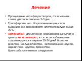 Лечение. Промывание носа физраствором, отсасывание слизи, деконгестанты на 2-3 дня. Гриппферон в нос. Жаропонижающие – при выраженном дискомфорте или температуре выше 39°С. Антибиотики для лечения неосложненных ОРВИ и гриппа не используют, в т.ч. если заболевание сопровождается в первые 10-14 дней б