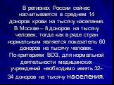 В регионах России сейчас насчитывается в среднем 14 доноров крови на тысячу населения. В Москве – 8 доноров на тысячу человек, тогда как в ряде стран нормальным является показатель 60 доноров на тысячу человек. По критериям ВОЗ, для нормальной деятельности медицинских учреждений необходимо иметь 32–