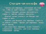 Стол для чая или кофе. Тарелки для пирожных располагай на столе так, чтобы их край совпадал с краем стола. Чашки с блюдцем должны располагаться справа от тарелок, немного наискосок. Ложечку нужно положить на блюдце или справа от него. Ложечка или вилочка для пирожных кладётся по правую сторону тарел