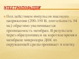 Электропорация. Под действием импульсов высокого напряжения (200-350 В, длительность 54 мс) обратимо увеличивается проницаемость мембран. В результате через образующиеся на короткое время в мембране микропоры ДНК из окружающей среды проникает в клетку.