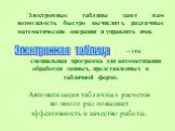 Электронные таблицы дают нам возможность быстро вычислять различные математические операции и управлять ими. – это специальная программа для автоматизации обработки данных, представленных в табличной форме. Электронная таблица. Автоматизация табличных расчетов во много раз повышает эффективность и к