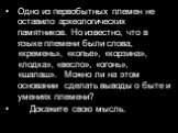 Одно из первобытных племен не оставило археологических памятников. Но известно, что в языке племени были слова, «кремень», «копье», «корзина», «лодка», «весло», «огонь», «шалаш». Можно ли на этом основании сделать выводы о быте и умениях племени? Докажите свою мысль.