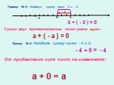 Пример № 5. Найдите сумму чисел 3 и – 3. - 3. Сумма двух противоположных чисел равна нулю: а + ( - а ) = 0. Пример № 6. Найдите сумму чисел - 4 и 0. 3 + ( - 3 ) = 0 - 4 + 0 = - 4 а + 0 = а. От прибавления нуля число не изменяется: