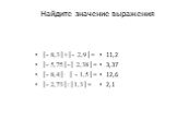 Найдите значение выражения. │- 8,3│+│- 2,9│= │- 5,75│-│ 2,38│= │- 8,4│∙ │ - 1,5│= │- 2,73│:│1,3│=. 11,2 3,37 12,6 2,1