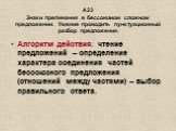 А23 Знаки препинания в бессоюзном сложном предложении. Умение проводить пунктуационный разбор предложения. Алгоритм действия: чтение предложений – определение характера соединения частей бессоюзного предложения (отношений между частями) – выбор правильного ответа.