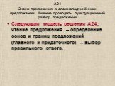 А24 Знаки препинания в сложноподчинённом предложении. Умение проводить пунктуационный разбор предложения. Следующая модель решения А24: чтение предложения – определение основ и границ предложений (главного и придаточного) – выбор правильного ответа.