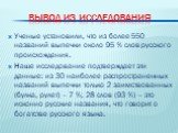 Вывод из исследования. Ученые установили, что из более 550 названий выпечки около 95 % слов русского происхождения. Наше исследование подтверждает эти данные: из 30 наиболее распространенных названий выпечки только 2 заимствованных (булка, рулет) – 7 %; 28 слов (93 %) – это исконно русские названия,