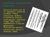 2.Средний каменный век (мезолит). Около 13 тысяч лет до н.э. произошло изменение климата. Резкое потепление вызвало исчезновение больших стад крупных животных. Теперь люди часто передвигались в поисках пропитания. Рыболовство занимало значительное место в занятиях людей.