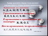 Буквы русского языка тоже можно рассмотреть с точки зрения симметрии. Б; Г; И; Й; Р; У; Ц; Ч; Щ; Я. А; Д; Л; М; П; Т; Ф; Ш. В; Е; З; К; С; Э; Ю. Ж; Н; О; Х. Вертикальная ось симметрии: Горизонтальная ось симметрии: И вертикальные и горизонтальные оси симметрии: Нет ни вертикальной, ни горизонтальной