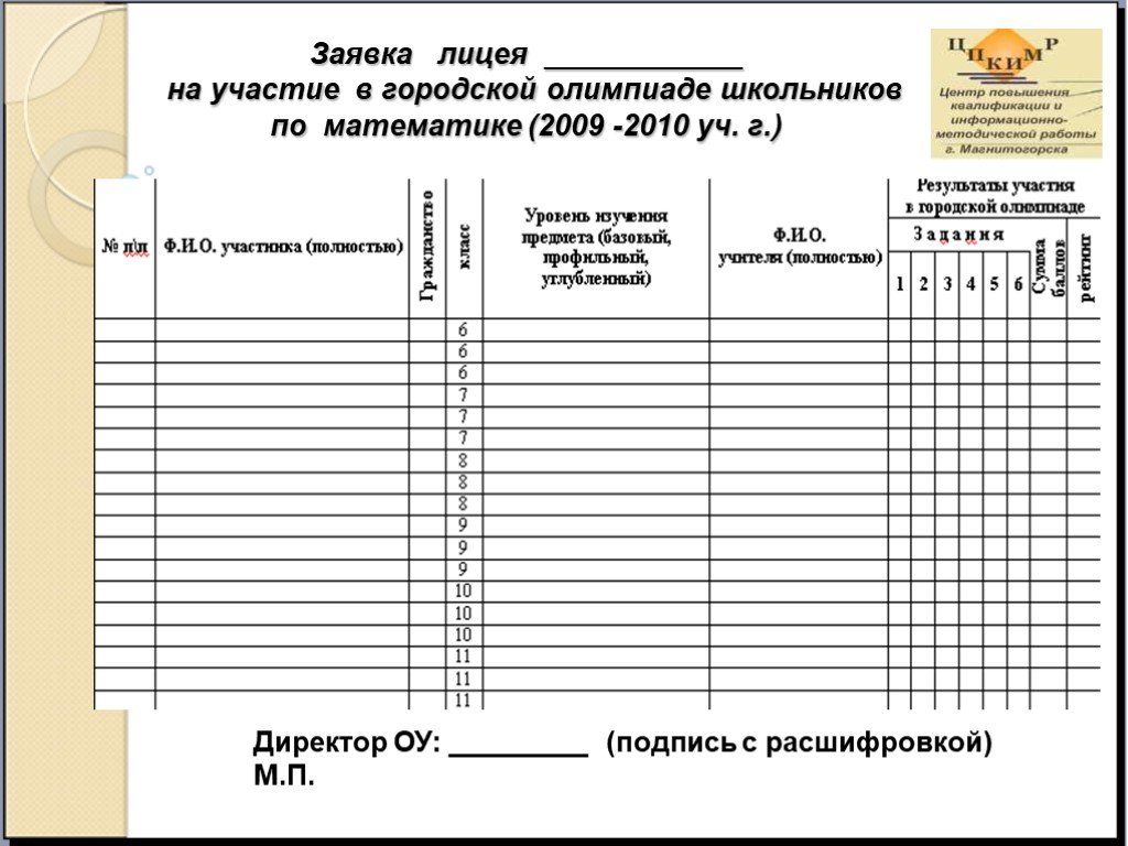 Заявка на олимпиаду школьников образец