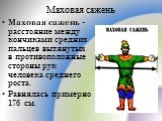 Маховая сажень. Маховая сажень - расстояние между кончиками средних пальцев вытянутых в противоположные стороны рук человека среднего роста. Равнялась примерно 176 см.