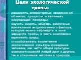 Цели экологической тропы: расширять элементарные сведения об объектах, процессах и явлениях окружающей природы; научить видеть, замечать различные проявления антропогенного фактора, которые можно наблюдать в зоне маршрута тропы, и уметь комплексно оценивать среду; способствовать воспитанию экологиче