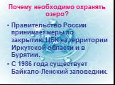 Почему необходимо охранять озеро? Правительство России принимает меры по закрытию ЦБК на территории Иркутской области и в Бурятии. С 1986 года существует Байкало-Ленский заповедник.