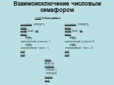 Взаимоисключение числовым семафором. VAR S:Semaphore; begin S.C:=1; cobegin PROC1; PROC2; coend; end.