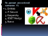 По данным российской компании FS. 1. DrWeb 2. F-Secure 3. Kaspersky 4. ESET Nod32 5. Ikarus