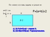 По схеме составь задачу и реши ее. a=21 см b=2 от a 7 b a. 1). 21:7х2=6 (см) – сторона b. 2). (21+6)х2=54(см)- P прямоугольника. P=(a+b)х2 P-?