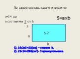 a=14 см a составляет 2 от b 3. 1). 14:2х3 =21(см) – сторона b. 2). 21x14=294(см2)- S прямоугольника. S=axb S-?