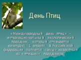 День Птиц. «Международный день птиц» - интернациональный экологический праздник, который отмечается ежегодно, 1 апреля. В Российской федерации является самым известным из «птичьих» праздников.