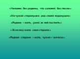 «Человек без родины, что соловей без песни.». «На чужой сторонушке рад своей воронушке». «Родина – мать, умей за неё постоять.». « Всякому мила своя сторона.». «Родная сторона – мать, чужая – мачеха.»