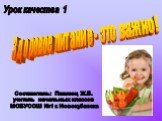 Здоровое питание - это важно! Урок качества 1. Составитель: Павлюц Ж.Б. учитель начальных классов МОБУСОШ №1 г. Новокубанска