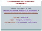 Художественно-педагогическая драматургия. Метод соединяет в себе законы развития действия в искусстве и законы построения школьного урока. Драма – действие, теург – творец, создатель; драматургия – сотворение действием.