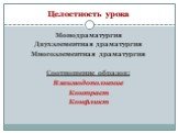 Целостность урока. Монодраматургия Двухэлементная драматургия Многоэлементная драматургия Соотношение образов: Взаимодополнение Контраст Конфликт