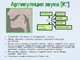 Артикуляция звука [К′]. Положение губ зависит от последующих гласных; Между верхними и нижними резцами сохраняется некоторое расстояние; Кончик языка опущен и касается нижних зубов, а средняя часть спинки языка смыкается с нёбом. В момент произнесения звука смычка между языком и нёбом взрывается, ос