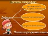 Причины дисграфии: произвольной концентрации внимания. переключения внимания. распределения внимания. Дефицит. Плохая слухо-речевая память