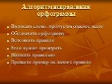 Алгоритм исправления орфограммы. Выписать слово, пропустив опасное место Обозначить орфограмму Вспомнить правило Если нужно проверить Написать правильно Привести пример на данное правило