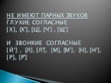 НЕ ИМЕЮТ ПАРНЫХ ЗВУКОВ ГЛУХИЕ СОГЛАСНЫЕ [Х], [Х'], [Ц], [Ч'] , [Щ'] И ЗВОНКИЕ СОГЛАСНЫЕ [Й'] , [Л], [Л'], [М], [М'], [Н], [Н'], [Р], [Р']