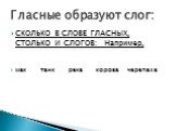 Гласные образуют слог: СКОЛЬКО В СЛОВЕ ГЛАСНЫХ, СТОЛЬКО И СЛОГОВ: Например, мак танк река корова черепаха