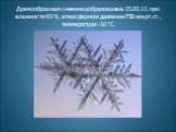 Древообразная снежинка образовалась 15.01.11. при влажности 93 %, атмосферном давлении758 мм.рт.ст. , температуре -10 °С.