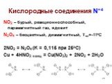 Кислородные соединения N+4. NO2 – бурый, реакционноспособный, парамагнитный газ, ядовит N2O4 – бесцветный, диамагнитный, Тпл=-11оС 2NO2 = N2O4 (K = 0,115 при 25оС) Cu + 4HNO3 конц. = Cu(NO3)2 + 2NO2 + 2H2O