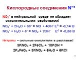 NO3- в нейтральной среде не обладает окислительными свойствами! NO3- + 2H2О + 3e- = NO + 4ОН- E0 = -0,14 B NO3- + H2О + e- = NO2 + 2ОН- E0 = -0,86 B Нитраты – сильные окислители в расплавах! 3KNO3 + 2FeCl3 + 10KOH = 2K2FeO4 + 3KNO2 + 5H2O + 6KCl