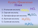 Угольная кислота; Серная кислота; Ортофосфорная кислота; Азотная кислота; Соляная кислота. Н2SО4 Н3PО4 НNО3 НСL