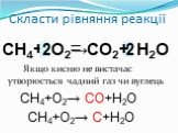 Скласти рівняння реакції. СН4+ O2→ Якщо кисню не вистачає утворюється чадний газ чи вуглець СН4+O2→ СO+Н2O СН4+O2→ С+Н2O. 2 = СO2+ Н2O